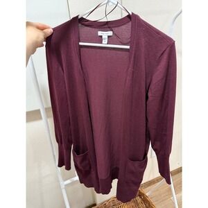 Nine West Womens XL Burgundy Open Front Cardigan Fine Knit Pocket Sweater Wine